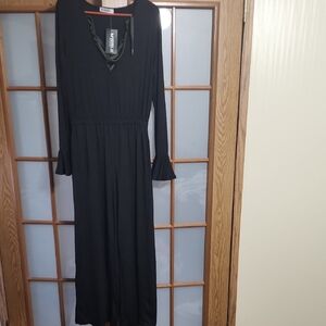 Doublju Long Sleeve With Flare, Wide Leg Black Romper, Army Green Lace Up Front